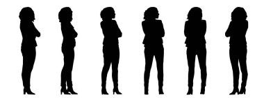 Beyaz arka planda izole edilmiş farklı perspektiflerden çanta taşıyan bir kadının vektör kavramsal siyah silueti. Sıradan, moda, rahatlama, boş zaman ve yaşam tarzı için bir metafor.