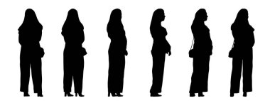 Beyaz arka planda izole edilmiş farklı perspektiflerden çanta taşıyan bir kadının vektör kavramsal siyah silueti. Sıradan, moda, rahatlama, boş zaman ve yaşam tarzı için bir metafor.