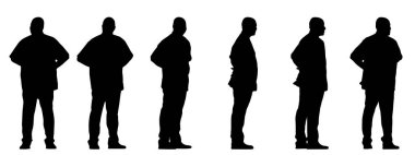 Beyaz arka planda izole edilmiş farklı perspektiflerden bir iş adamının vektör kavramsal siyah silueti. Başarı, eğitim, iş, güven, liderlik ve vizyon için bir metafor