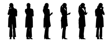 Beyaz arka planda izole edilmiş farklı perspektiflerden çanta taşıyan bir kadının vektör kavramsal siyah silueti. Sıradan, moda, rahatlama, boş zaman ve yaşam tarzı için bir metafor.