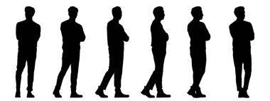  Beyaz üzerine izole edilmiş farklı perspektiflerden yürüyen genç bir adamın kavramsal siyah silüeti. Sıradan, moda, rahatlama, boş zaman ve yaşam tarzı için bir metafor. 