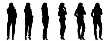 Beyaz arka planda izole edilmiş farklı perspektiflerden çanta taşıyan bir kadının vektör kavramsal siyah silueti. Sıradan, moda, rahatlama, boş zaman ve yaşam tarzı için bir metafor.