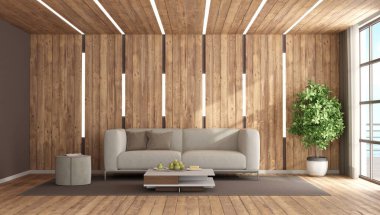 Living room in wood illuminated with led ceiling and wall - 3d render