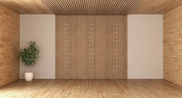 Minimalist Empty Room Wood Paneling Led Light Houseplant Render — Foto de Stock