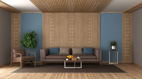 Living room with leather sofa room wood paneling and led light- 3d render