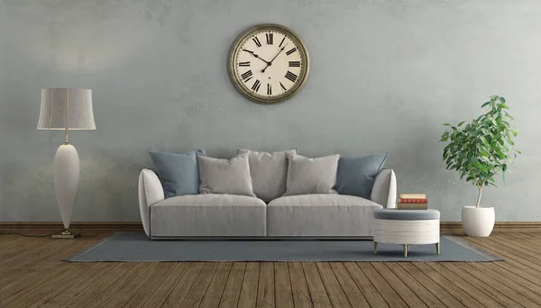 Wohnungklassischer Wohnstil Mit Grauem Sofa Blauer Wand Stehlampe Und Zimmerpflanzen — Stockfoto