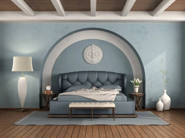 Klassisk Stil Sovrum Med Blå Säng Och Vit Mask Bågen — Stockfoto