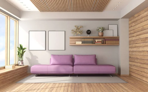 Modernes Wohnzimmer Mit Violettem Sofa Holzvertäfelung Und Hartholzboden Rendering — Stockfoto