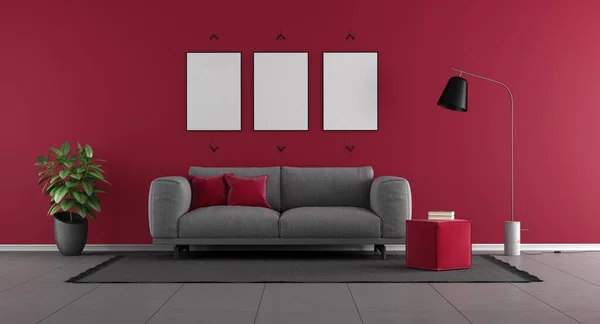 Graues Sofa Modernen Wohnzimmer Fußhocker Leerer Bilderrahmen Und Stehlampe Darstellung — Stockfoto
