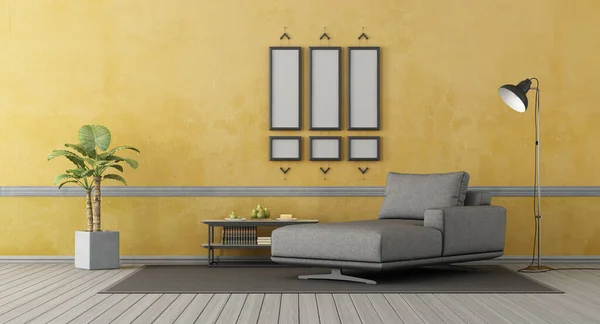 グレーチェーンラウンジ古い黄色の壁 空の画像フレームと床ランプ 3Dレンダリング — ストック写真