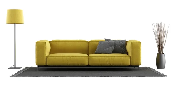 黄色のソファ 黒いカーペット 床ランプは白で隔離されています 3Dレンダリング — ストック写真