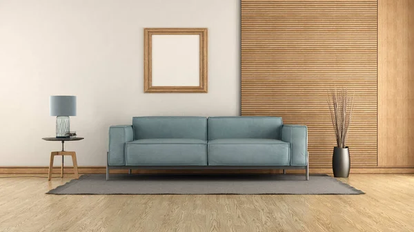 Modern living room with blue sofa against wood paneling - 3d rendering
