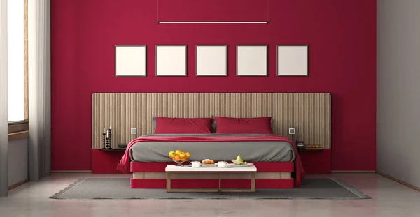 带有木制床头板和活体洋红色墙壁的现代卧房 3D渲染 — 图库照片