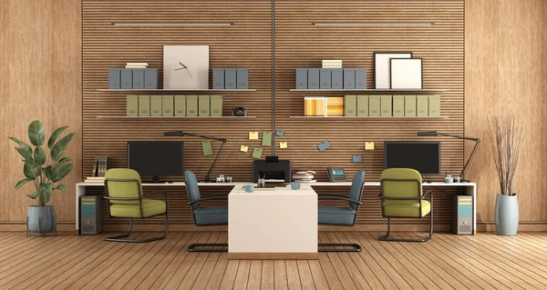 2つのワークステーションと木製パネルを背景にしたモダンなオフィス 3Dレンダリング — ストック写真