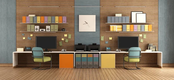 Buntes Modernes Büro Mit Zwei Arbeitsplätzen Und Holzvertäfelung Hintergrund Rendering — Stockfoto