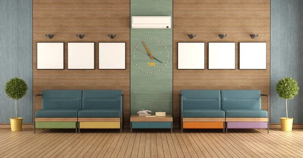 Waiting Room Modern Office Wooden Panelling Colorful Armchairs Rendering — Stock Photo, Image