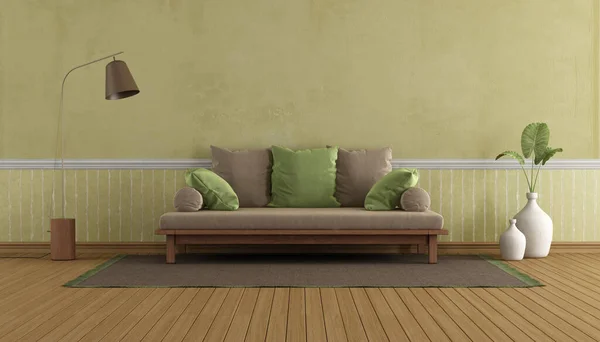 Vintage Green Living Room Wooden Sofa Houseplant Floor Lamp Rendering — Stock Photo, Image