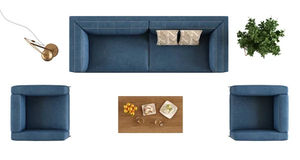 带有蓝色沙发 扶手椅 咖啡桌和落地灯的客厅的高角度视图 3D渲染 — 图库照片