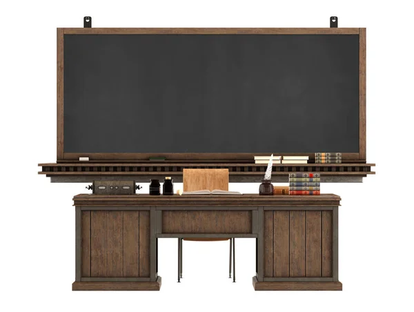 复古风格的教师课桌 黑板隔离在白色3D渲染上 — 图库照片