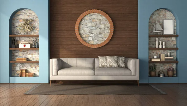 モダンなソファ付きの素朴なスタイルのリビングルーム 石の背景と木製の壁のニッチ 3Dレンダリング — ストック写真