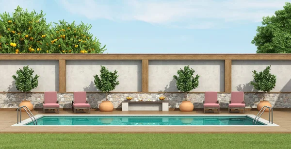 游泳池在一个有日光浴床 混凝土墙和木头的花园里 3D渲染 — 图库照片