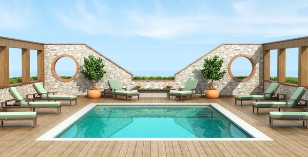 夏季室外游泳池 背景为日光浴和石墙 3D渲染 — 图库照片