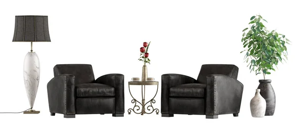 两个经典的皮革扶手椅 可更换的 地板灯和室内植物隔离在白色背景下 3D渲染 — 图库照片