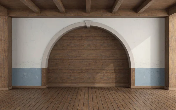 アーチ 古い壁と木製の屋根と素朴なスタイルの空の部屋 3Dレンダリング — ストック写真
