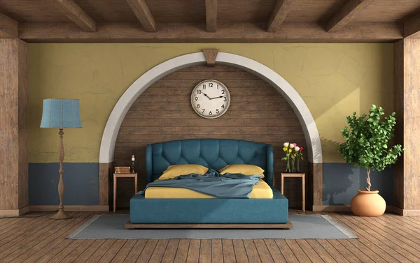 ダブルレザーベッド アーチ壁 木製パネルを背景にしたクラシックスタイルのベッドルーム 3Dレンダリング — ストック写真