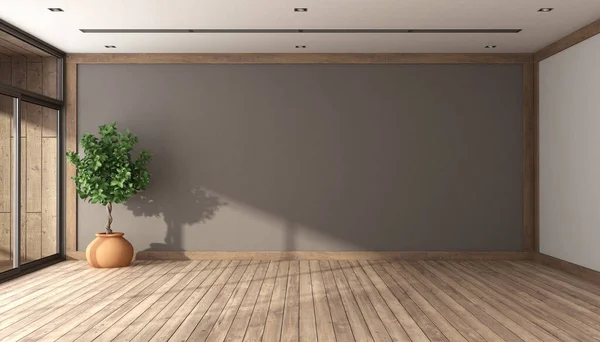 有褐色墙壁 硬木地板 室内植物和天花板空调烤架的空房间 3D渲染 — 图库照片