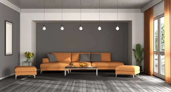 Modern living room with orange sofa gray walls and wooden ceiling- 3d rendering