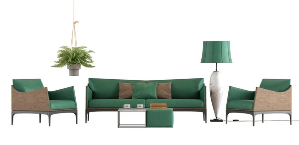 配有绿色沙发和扶手椅 白色背景的悬挂式植物咖啡桌和落地灯 3D渲染 — 图库照片