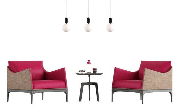 两张皮革扶手椅 有咖啡桌和在白色背景上隔离的吊灯 3D渲染 — 图库照片