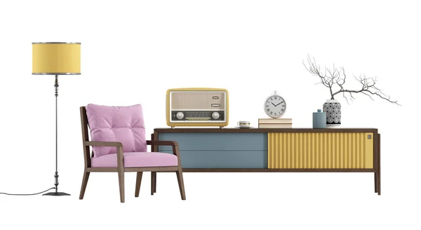 复古风格的餐具柜 白色背景的旧收音机和粉色扶手椅 3D渲染 — 图库照片