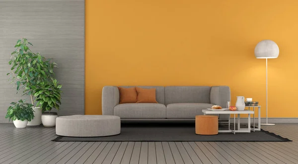 Moderní Obývací Pokoj Oranžovou Stěnou Šedou Pohovkou Konferenčním Stolkem Podnožkou — Stock fotografie