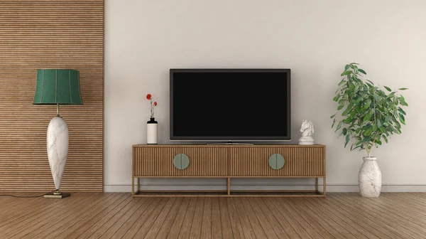 Moderner Fernseher Auf Vintage Sideboard Weißem Und Hölzernem Wohnzimmer Rendering — Stockfoto