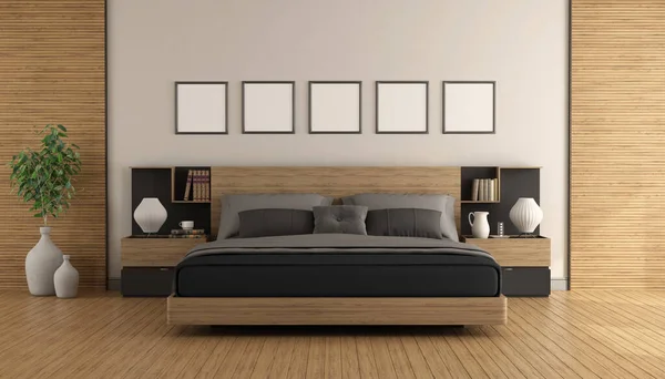 Master Bedroom Wooden Black Bed Isolated White Background Rendering — Stock Photo, Image