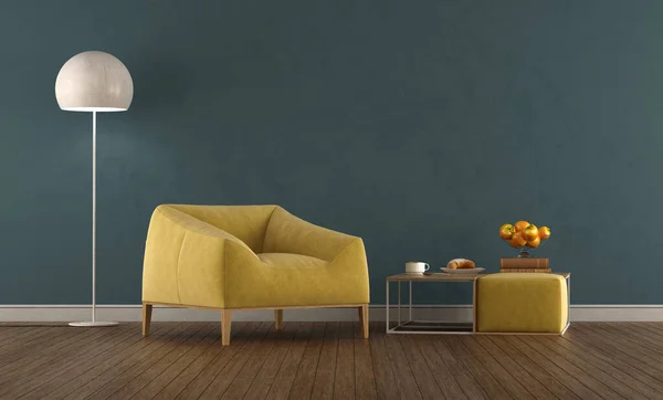 黄色のアームチェア コーヒーテーブル フロアランプ付きのリビングルーム 3Dレンダリング — ストック写真
