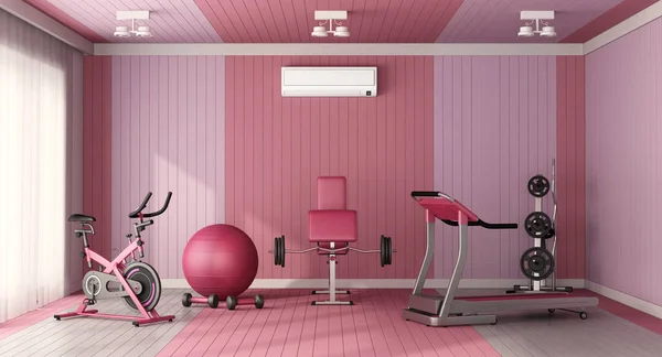 Różowy Lilla Sala Gimnastyczna Siłownią Zestaw Pokój Stacjonarnym Rowerem Maszyn — Zdjęcie stockowe
