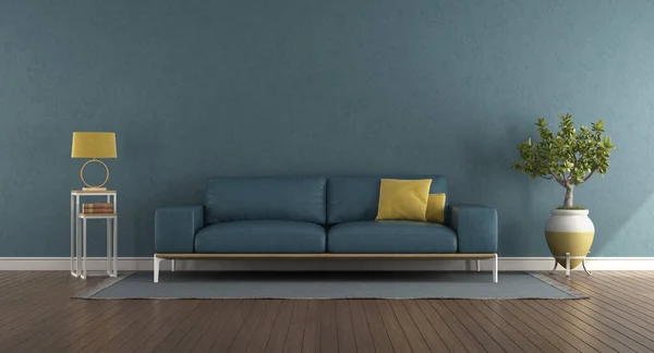 革のソファと黄色のクッション付きブルーリビングルーム 3Dレンダリング — ストック写真