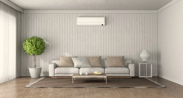 Minimalistiskt Vardagsrum Med Soffa Luftkonditionering Och Träpanel Bakgrunden Rendering — Stockfoto