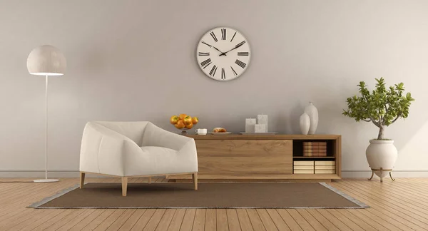 Withe living room with wooden sideboard and armchair - 3d rendering