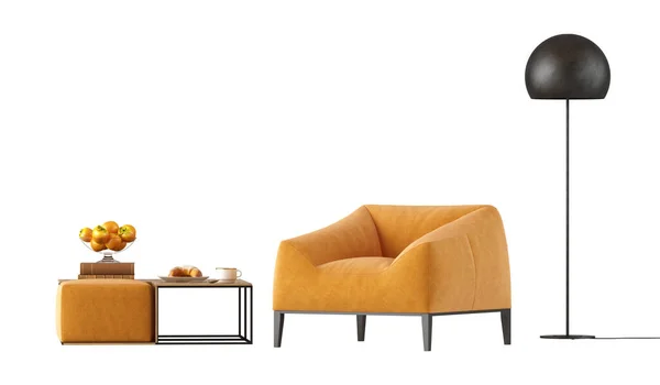 테이블 가흰색 배경에 현대의 주황색 안락의자 렌더링 — 스톡 사진