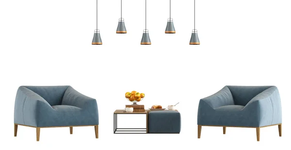 Fauteuils Bleus Modernes Avec Table Basse Lampes Suspendues Isolés Sur — Photo