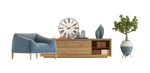 Modern Blå Fåtölj Och Trä Sideboard Isolerad Vit Bakgrund Rendering — Stockfoto