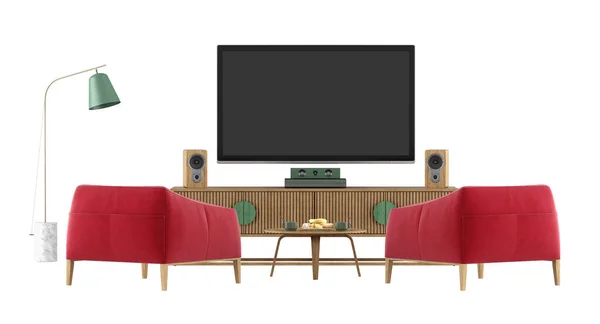 Televisie Set Met Sideboard Twee Rode Fauteuil Spikkels Geïsoleerd Witte — Stockfoto