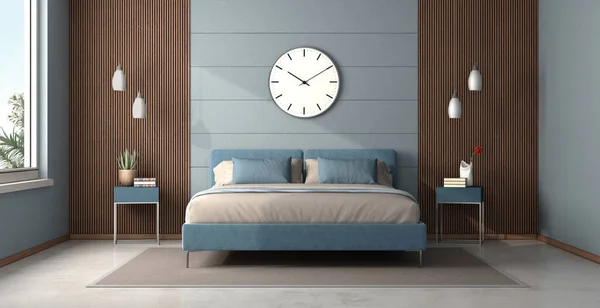 Blaues Und Hölzernes Hauptschlafzimmer Mit Nachttisch Mit Doppelbett Und Pendellicht — Stockfoto