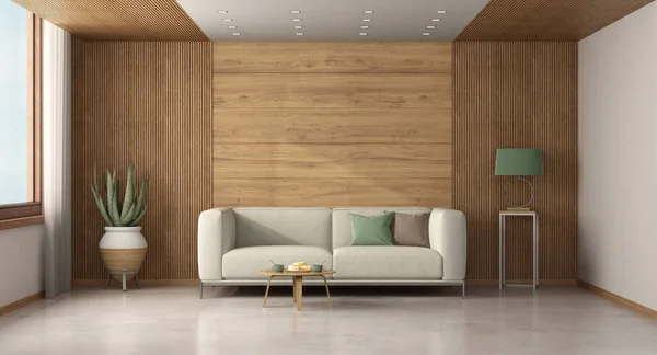 Sala Estar Moderna Con Sofá Blanco Paneles Madera Fondo Renderizado — Foto de Stock