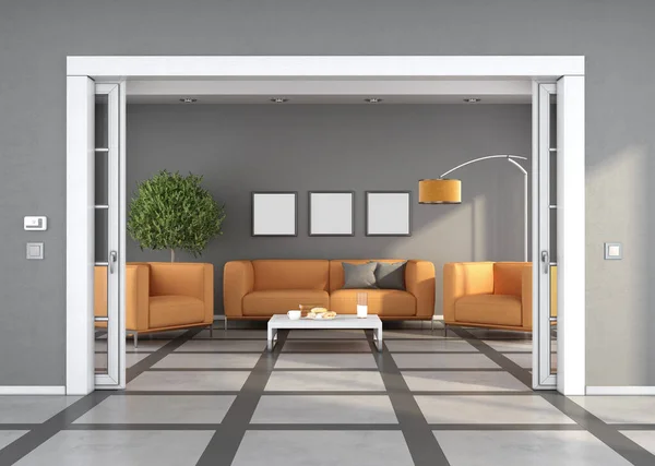 Weiße Schiebetür Wohnzimmer Mit Sofa Und Orangefarbenen Sesseln Hintergrund Darstellung — Stockfoto