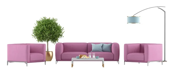 粉色客厅 配有两张扶手椅 沙发和地板灯 白色背景隔离 3D渲染 — 图库照片